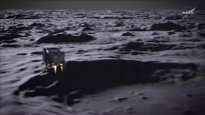 A drone is shown lifting off the surface of the moon.