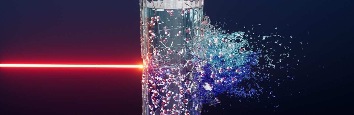 An illustration shows a laser beam hitting a glass, causing it to explode. the glass contains closely packed water molecules on the bottom and more sparsely packed molecules on the top