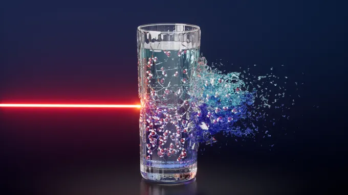 An illustration shows a laser beam hitting a glass, causing it to explode. the glass contains closely packed water molecules on the bottom and more sparsely packed molecules on the top