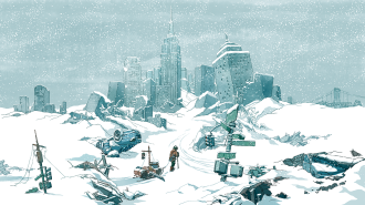 Illustration of a person walking through a snowy, post-apocalyptic city with collapsed skyscrapers, buried cars, and heavy snowfall covering the ruins.