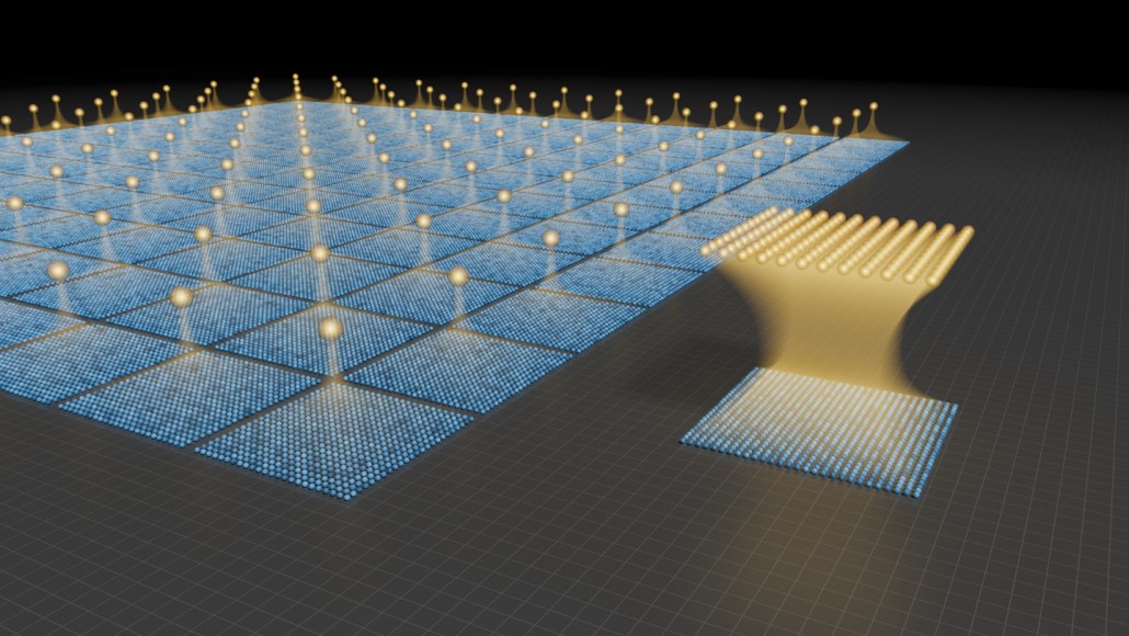 An grid of multitudes of quantum bits, each associated with a single logical quantum bits, pictured next to a small array of quantum bits with multiple logical quantum bits