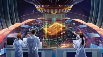 An illustration shows researchers examining a glowing, scroll-like artifact inside a futuristic lab as beams of light reveal hidden writing.