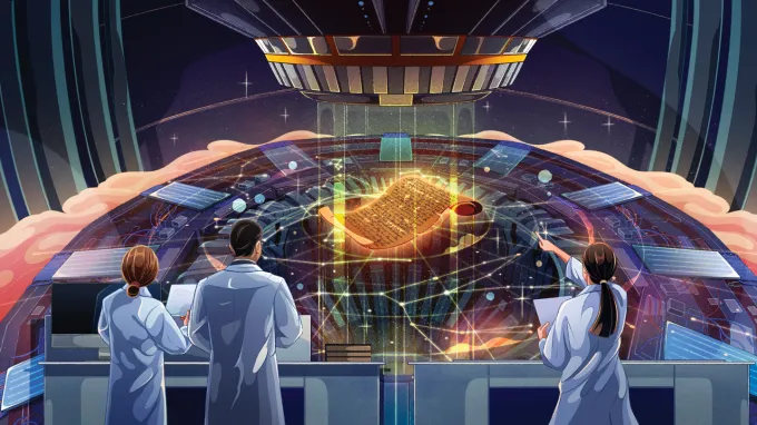 An illustration shows researchers examining a glowing, scroll-like artifact inside a futuristic lab as beams of light reveal hidden writing.