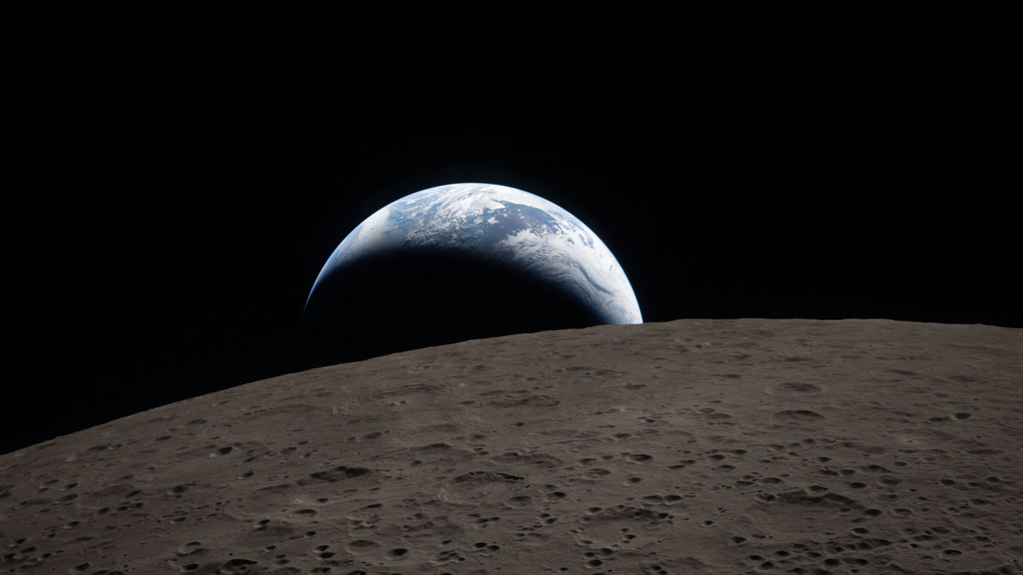 A crescent of Earth hangs over the horizon of the moon, as the planet sets. The brown moon foreground is pocked with craters.