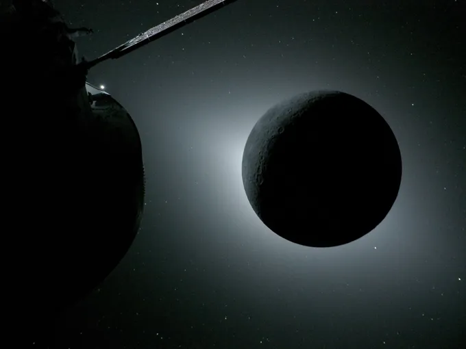 A dark orb floats in a fuzzy white halo. A darkened shape looms to the left.