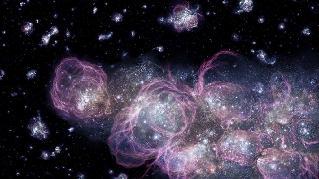An illustration shows early galaxies filled with bright stars and surrounded by wispy clouds of gas.