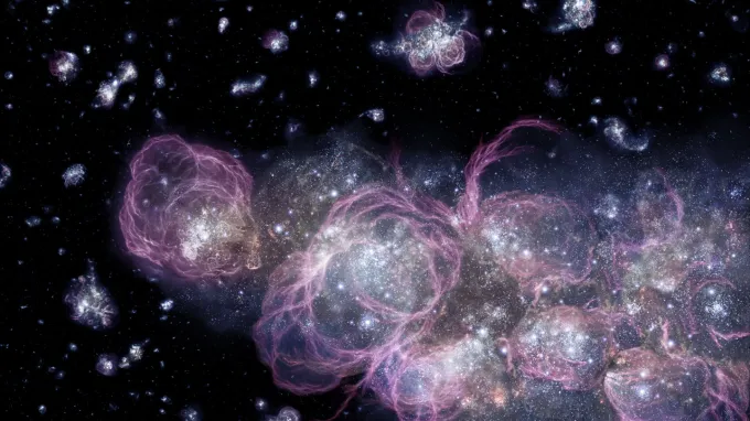 An illustration shows early galaxies filled with bright stars and surrounded by wispy clouds of gas.