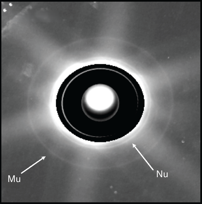 A processed image shows Uranus with a dark central mask and faint outer rings labeled Mu and Nu.