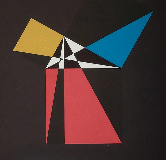 A Crockett Johnson painting, with large, colorful shapes expanding in different directions.