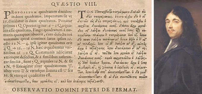 A 1670 edition of the third-century Greek tome Arithmetica next to a portrait of Pierre de Fermat.