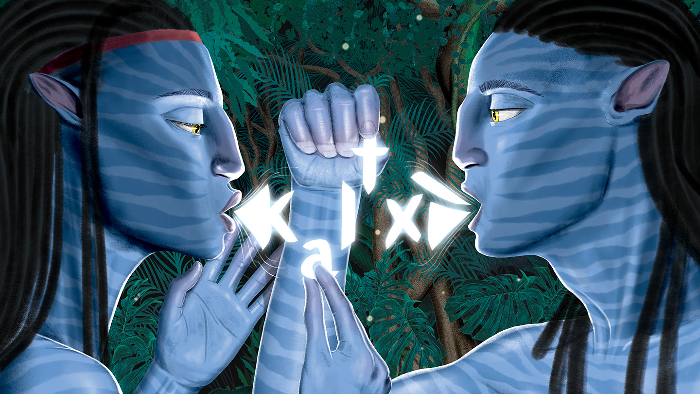 An illustration of two Na'vi from the Avatar movies. Their mouths are open and white glowing symbols and letters are coming out as they speak.