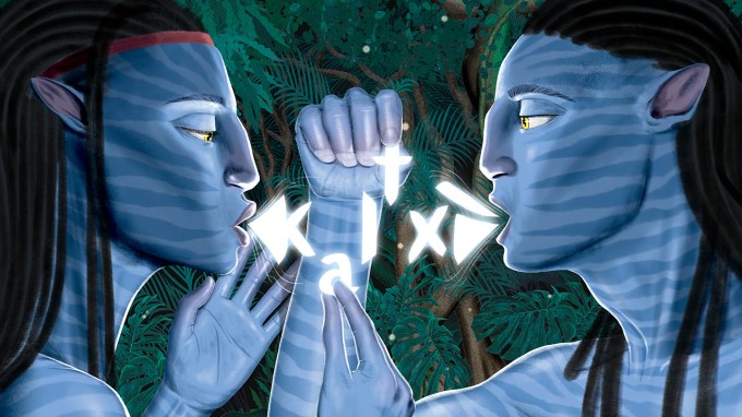 An illustration of two Na'vi from the Avatar movies. Their mouths are open and white glowing symbols and letters are coming out as they speak.