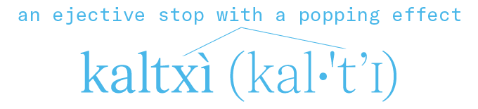 A text box that reads "an ejective stop with a popping effect" and a description of the phonetics of a Na'vi word from Avatar "kaltxì" which is pronounced (kal·'t'I)