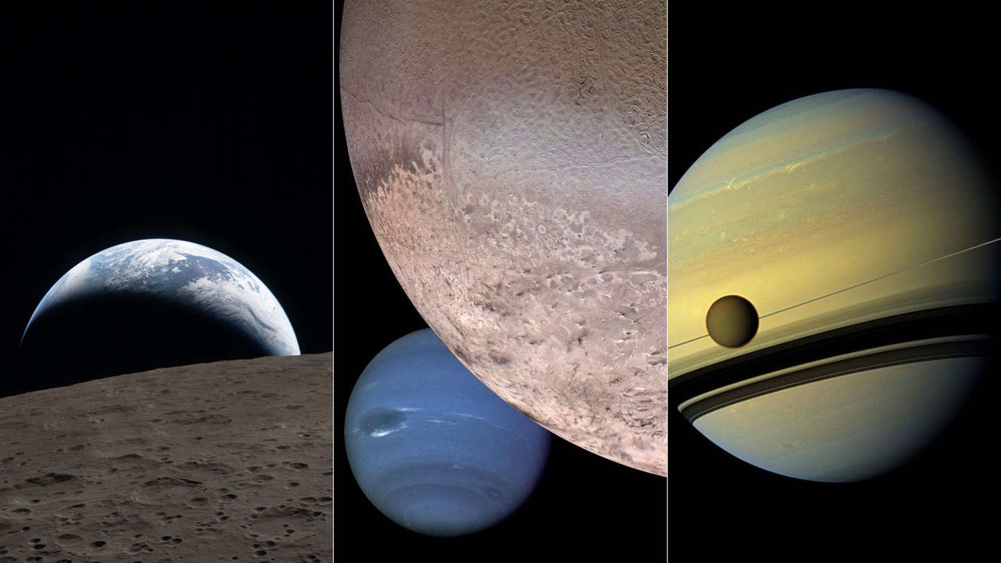 Three space images show different planetary scenes: Earth setting above the Moon, a large cratered moon with Neptune behind it and Saturn with a moon crossing its rings.