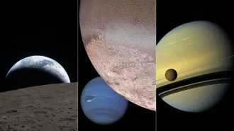 Three space images show different planetary scenes: Earth setting above the Moon, a large cratered moon with Neptune behind it and Saturn with a moon crossing its rings.