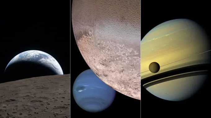 Three space images show different planetary scenes: Earth setting above the Moon, a large cratered moon with Neptune behind it and Saturn with a moon crossing its rings.