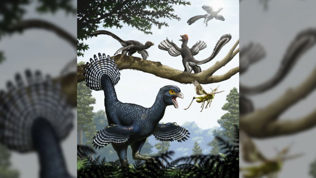 An artist's reconstruction of a dinosaur with wings using them to hunt insects