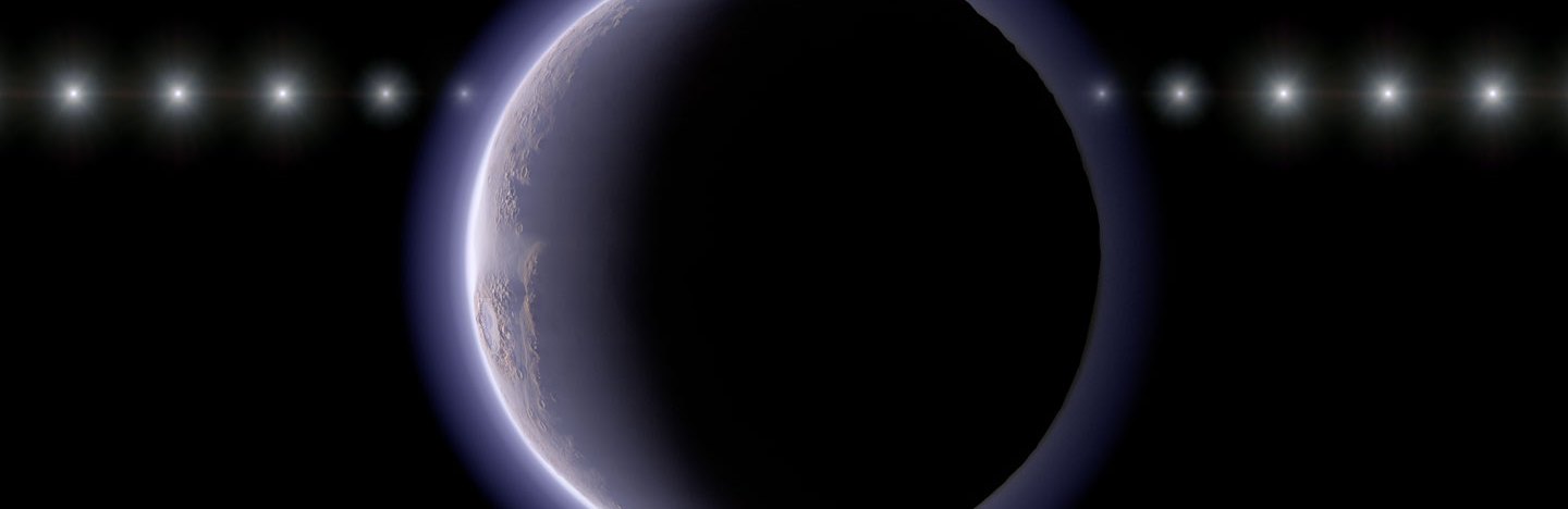 A distant icy world appears as a dark disk with a thin glowing halo, with a line of repeated bright points showing a distant star at multiple positions.