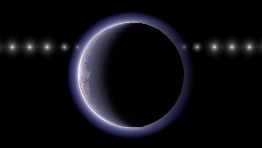 A distant icy world appears as a dark disk with a thin glowing halo, with a line of repeated bright points showing a distant star at multiple positions.