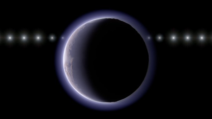 A distant icy world appears as a dark disk with a thin glowing halo, with a line of repeated bright points showing a distant star at multiple positions.