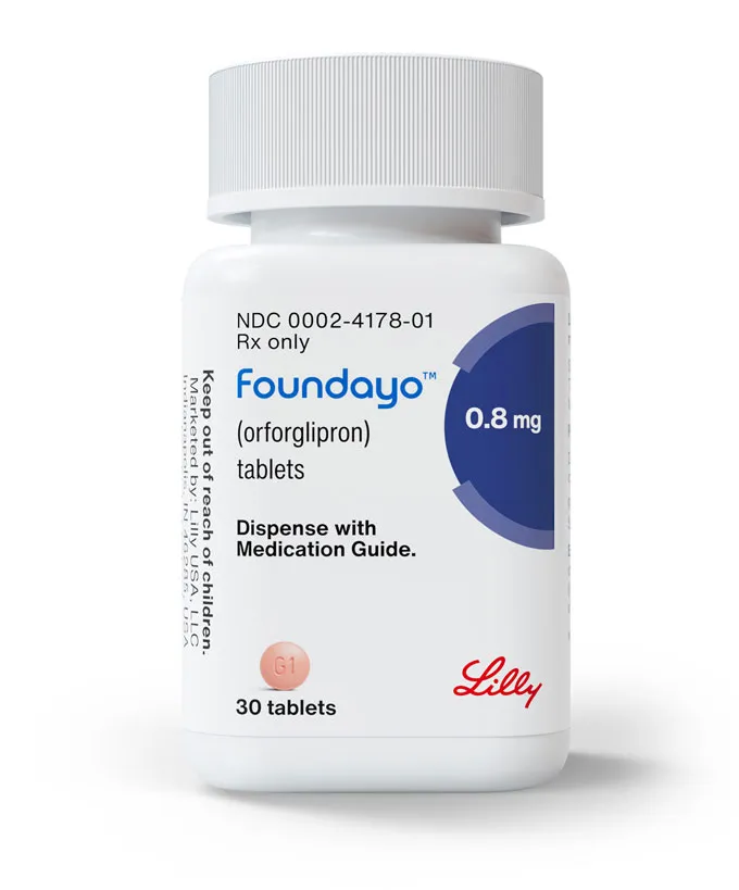 Picture of a white pill Foundayo pill bottle.