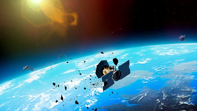 An illustration of Earth from space, showing satellites and debris fragments that are orbiting the planet, with the sun visible in the background.