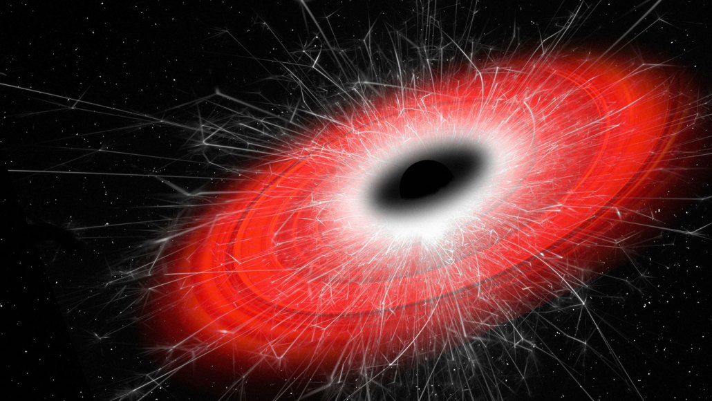 A black circle with white lines emanating from it illustrating radiation from a black hole
