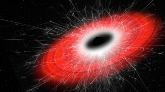 A black circle with white lines emanating from it illustrating radiation from a black hole