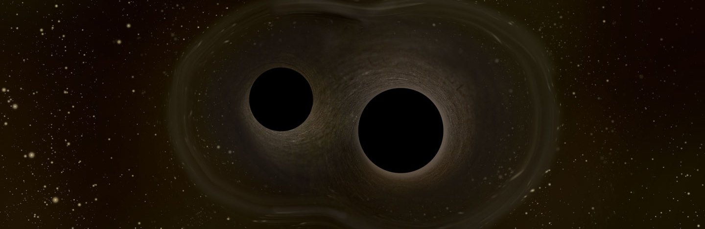 An illustration shows two black holes relatively close to each other against a starry space background.