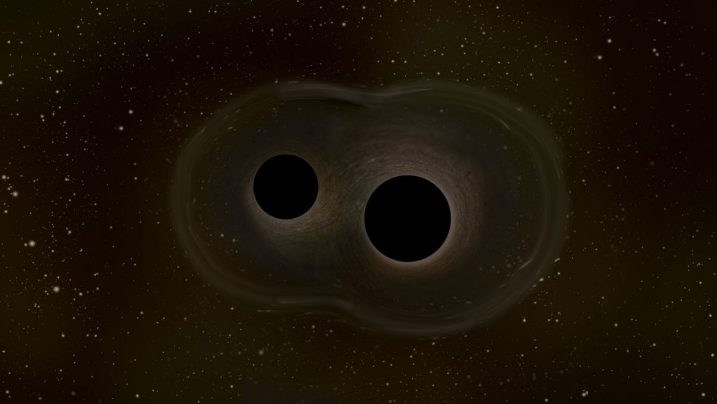 An illustration shows two black holes relatively close to each other against a starry space background.