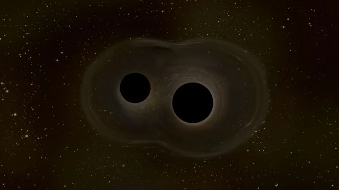 An illustration shows two black holes relatively close to each other against a starry space background.