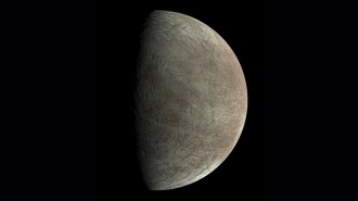 A brownish-gray moon crisscrossed with lines with the left half in shadow.