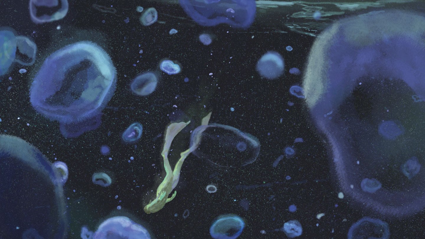 An illustration of a silhouette free diving in the dark surrounded by air bubbles