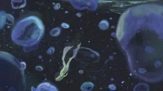 An illustration of a silhouette free diving in the dark surrounded by air bubbles