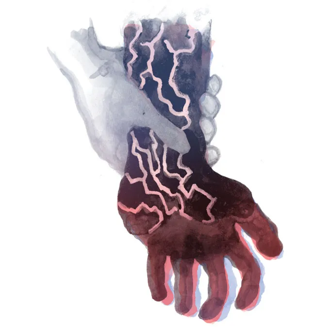 An illustration of a grayscale hand grasping onto the wrist of another hand with deep ridges running down the forearm and wrist.