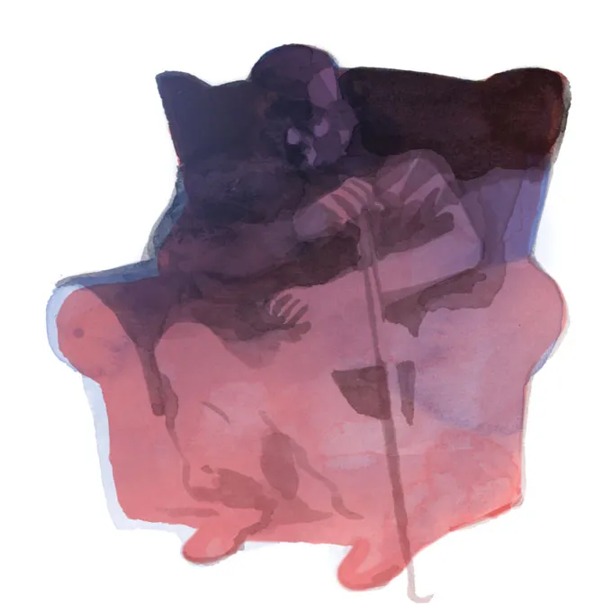 An illustration of a man, mostly covered in shadows, sitting on a large chair.