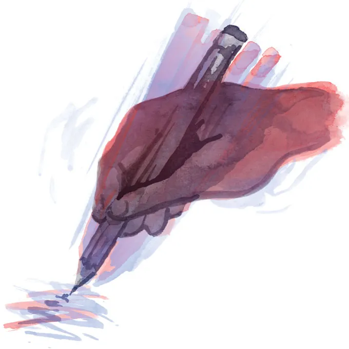 An illustration of a shaking hand holding a pencil.