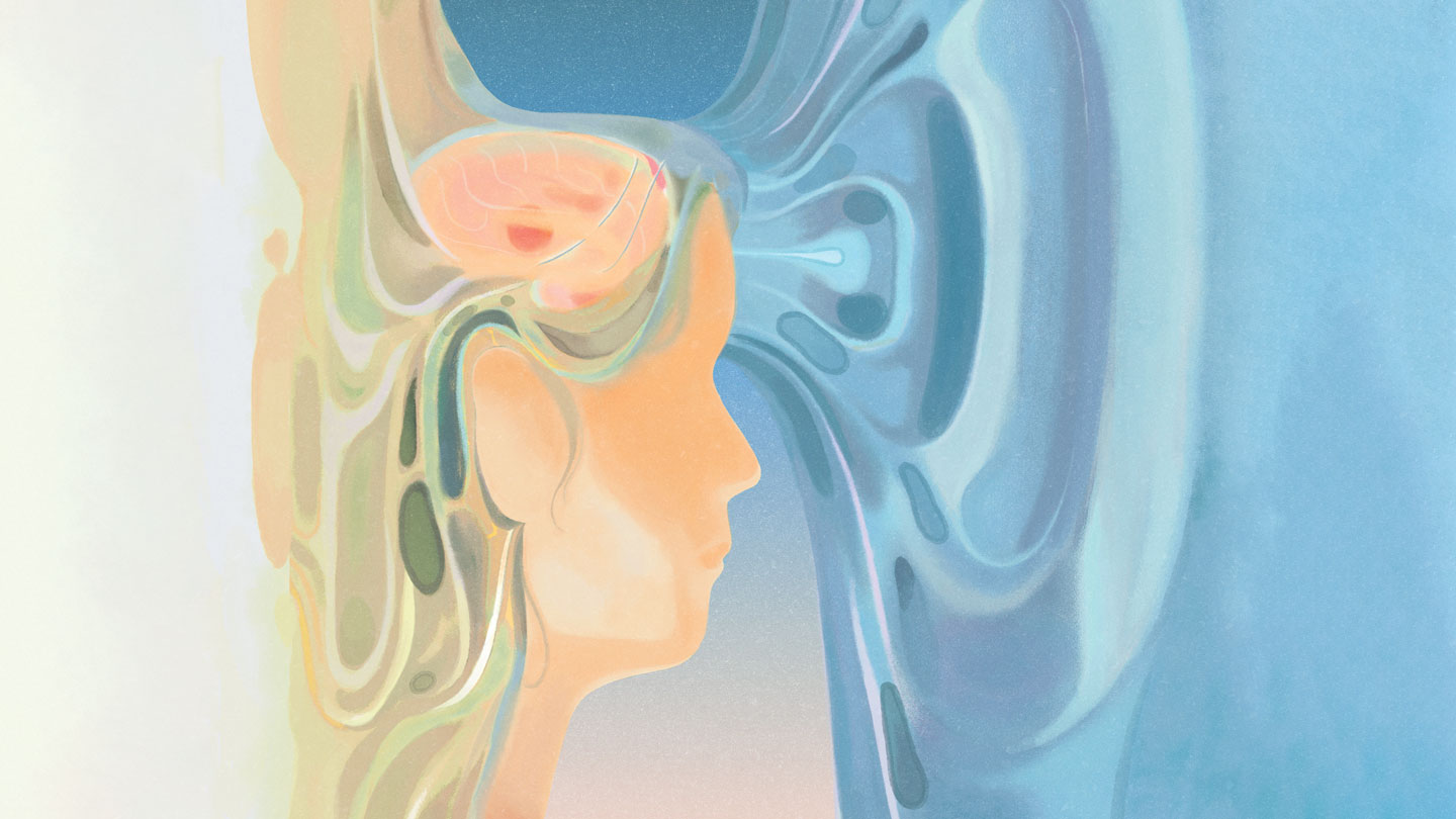 An artistic rendition of a person, with their brain visible and pooling waves coming out