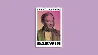 The cover of the book Darwin: A Biography by Janet Browne against a purple background.