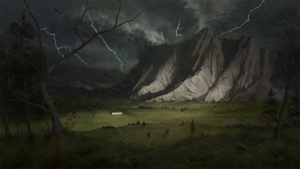 Lightning crackles, rain pelts and storm clouds gather over a green valley landscape that is edged by steep, rocky, gray mountains in this illustration.