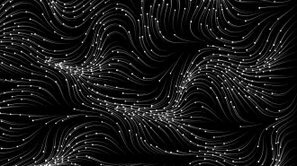 A black background with white wavy lines in patterns and white circles at the top of each line