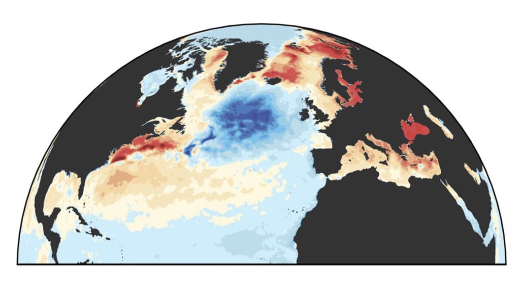 A simulation of ocean temperatures from 1993 to 2021, showing a "cold blob" of water south of Greenland that has cooled in that time relative to the rest of the ocean.