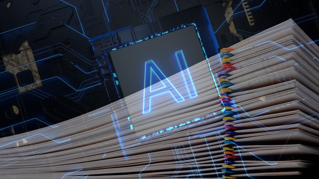 An AI chip mixed with stacks of papers with paperclips