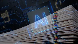 An AI chip mixed with stacks of papers with paperclips