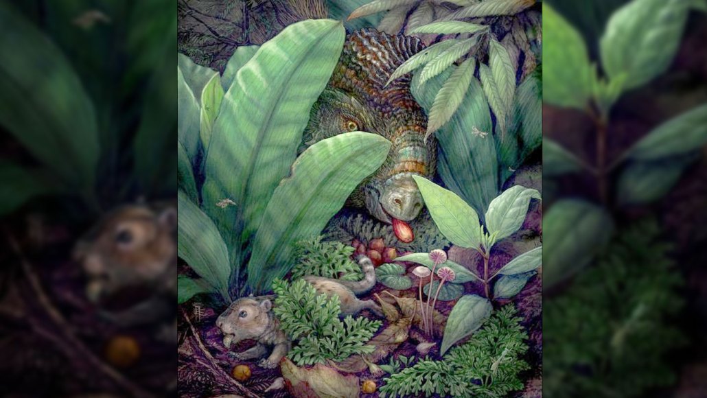 An illustration shows a leafy scene with a rodent in the foreground and a dinosaur's head peeking out in the background, each nibbling on fruits.
