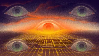 This illustration shows five eyes hovering over a flat computer grid that also evokes the layout of a city.