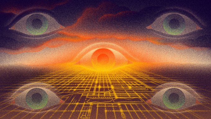 This illustration shows five eyes hovering over a flat computer grid that also evokes the layout of a city.