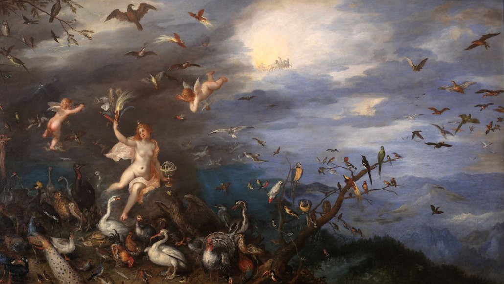 The 1611 painting “Air,” depicting cherubic pale figures against a dark sky, with birds of all kinds perched on branches and in flight