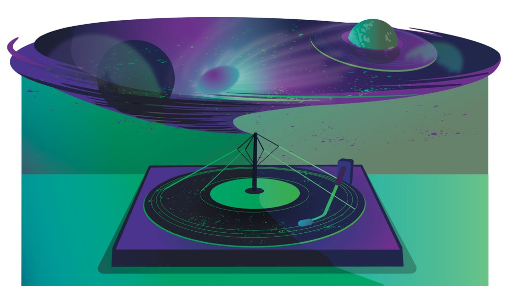 Illustration of a turntable where the spinning record morphs into a cosmic disk with planets and swirling space above.
