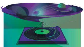 Illustration of a turntable where the spinning record morphs into a cosmic disk with planets and swirling space above.